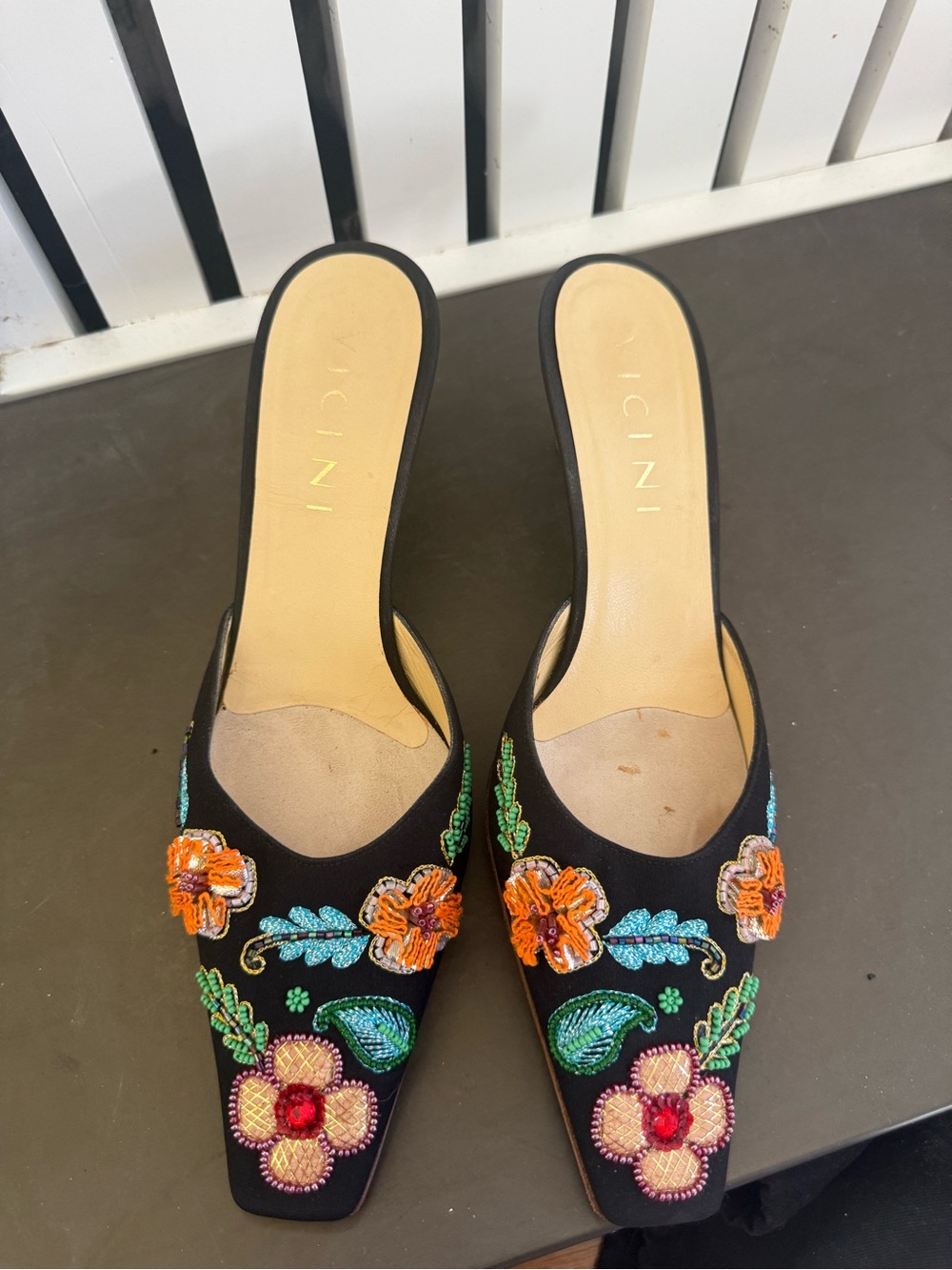 Giuseppe Zanotti Vinci Vintage Black Satin Floral Beaded Mules size 38 1/2